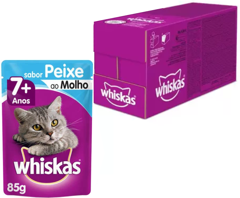 KIT Ração Úmida Whiskas Sachê Peixe ao Molho para Gatos Sênior 7 + Anos 40 Unidades