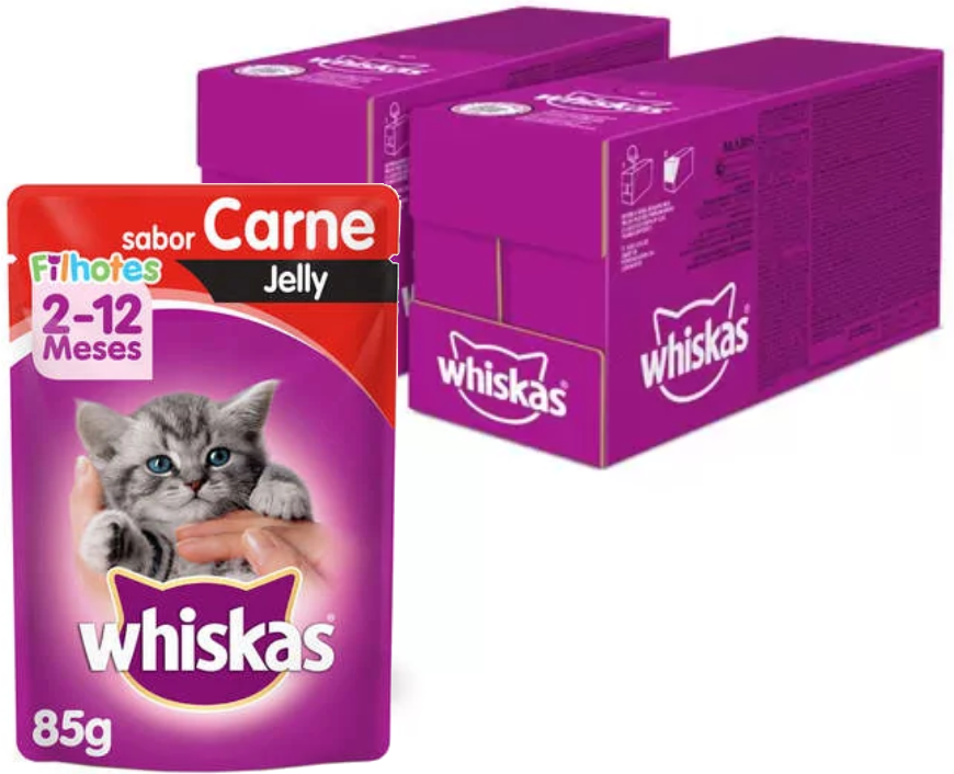 KIT Ração Úmida Whiskas Sachê Carne Jelly para Gatos Filhotes 40 Unidades