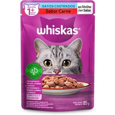Ração Úmida Whiskas Sachê Carne ao Molho para Gatos Adultos Castrados