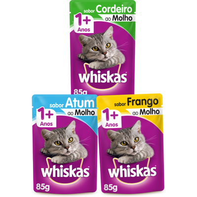 Kit Whiskas Sachê Gatos Adultos Frango + Atum + Cordeiro - 60 Unidades