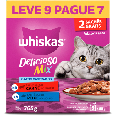 Ração Úmida Whiskas Sachê Carne e Peixe para Gatos Adultos Castrados