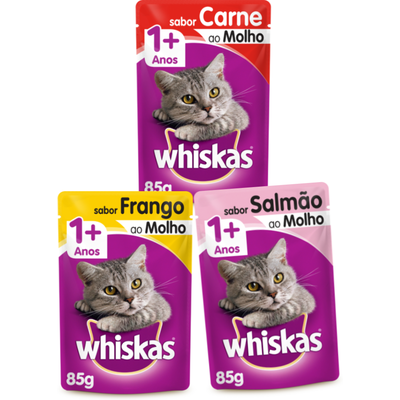 Kit Whiskas Sachê Gatos Adultos Carne + Frango + Salmão - 20 Unidades